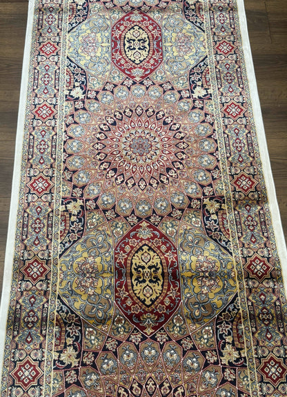 Turkish Silk Runner Rug 2.6 x 10, Dome Design, Hereke Runner, Bamboo Silk, New