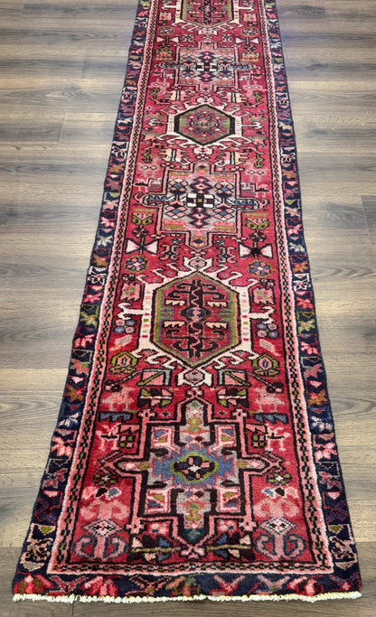 Persian Heriz Karajeh Runner Rug 2x9, Geometric Medallions, Red Navy Blue, 2 x 9 Rug for Hallway