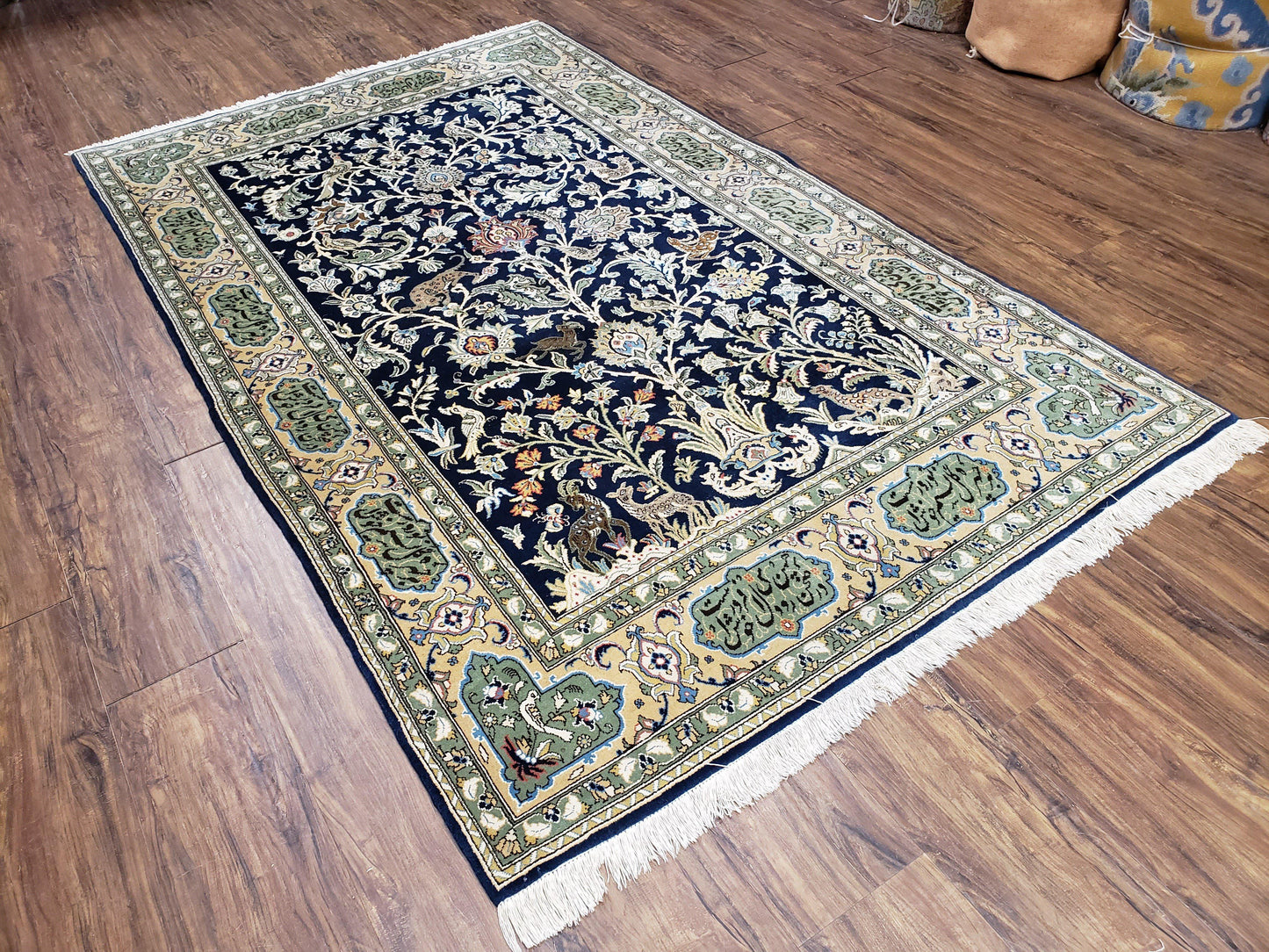 Persian Qum Tree Of Life Rug Hand Knotted Wool Midnight Blue And Tan With Poem Borders 4ft 8in By 7ft 8in