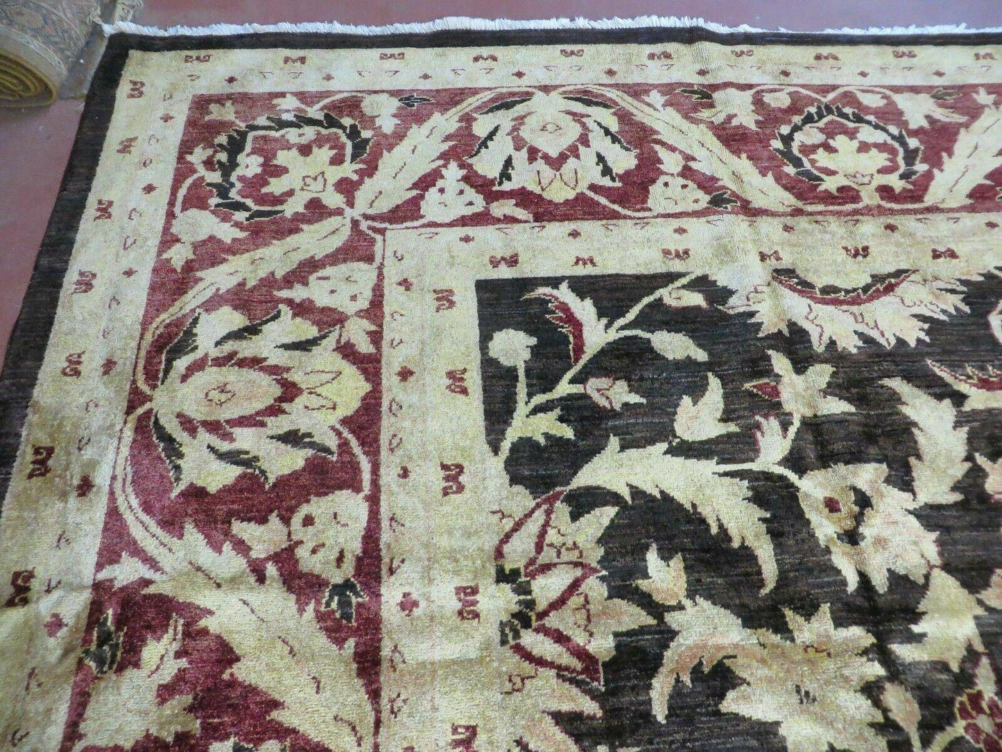 11' X 15' Vintage Hand Knotted Indian Agra Wool Rug Hand Made Dark Brown Floral