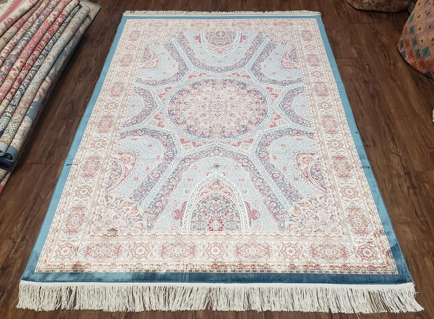 Bamboo Silk Rug 4x6 Light Blue Beige Oriental Medallion Pattern