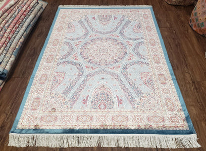 Bamboo Silk Rug 4x6 Light Blue Beige Oriental Medallion Pattern
