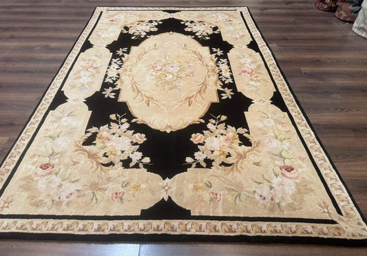 Aubusson Rug Chinese Wool 6x9 Black Floral Elegant Hand Knotted