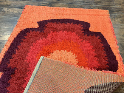 Danish Rya Shag Rug 4x6, Mid Century 1960s Retro Vintage Wool Rug, Shades of Red
