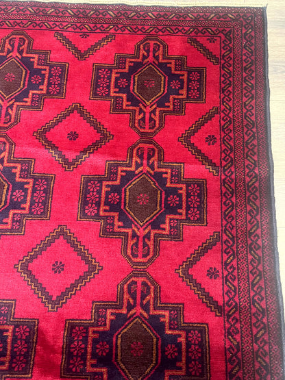 Balouch Afghan Rug 4x7 Hand Knotted Wool Contemporary Tribal Carpet Red And Navy