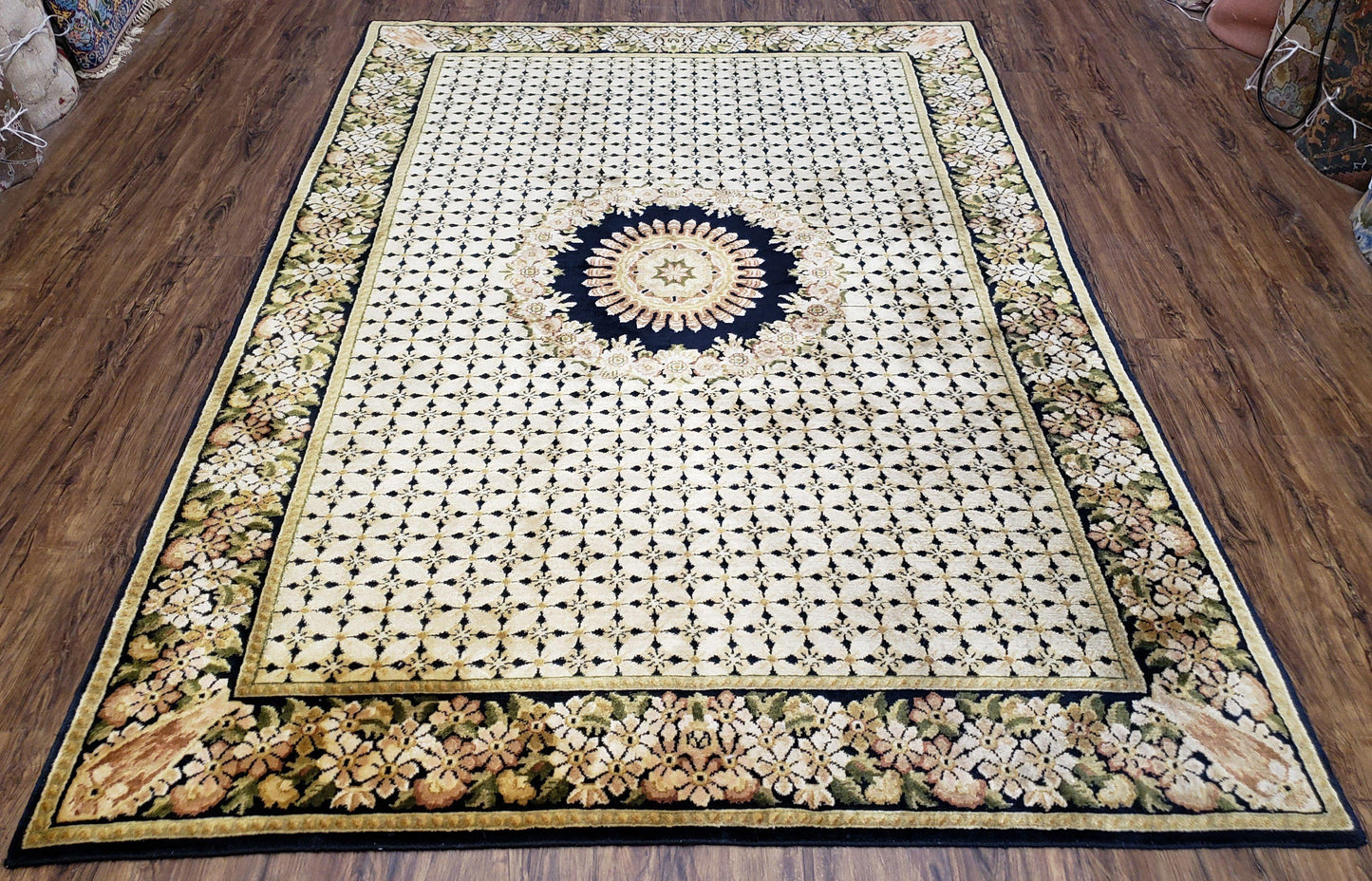 Indo Tibetan Wool Rug Handmade 6x8 Floral Border In Black Cream