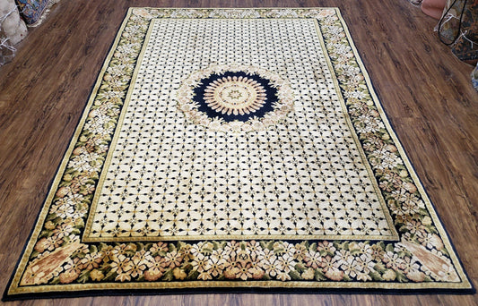 Indo Tibetan Wool Rug Handmade 6x8 Floral Border In Black Cream