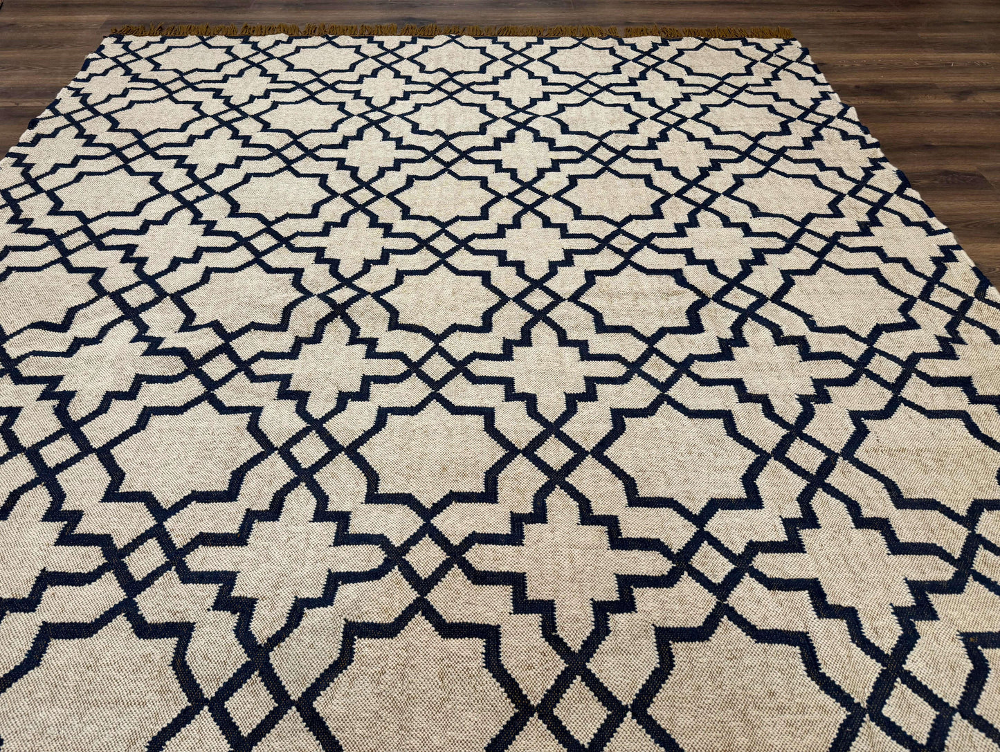 Indian Kilim Rug 8x10 Handwoven Wool Dhurrie Carpet Oat And Navy Blue