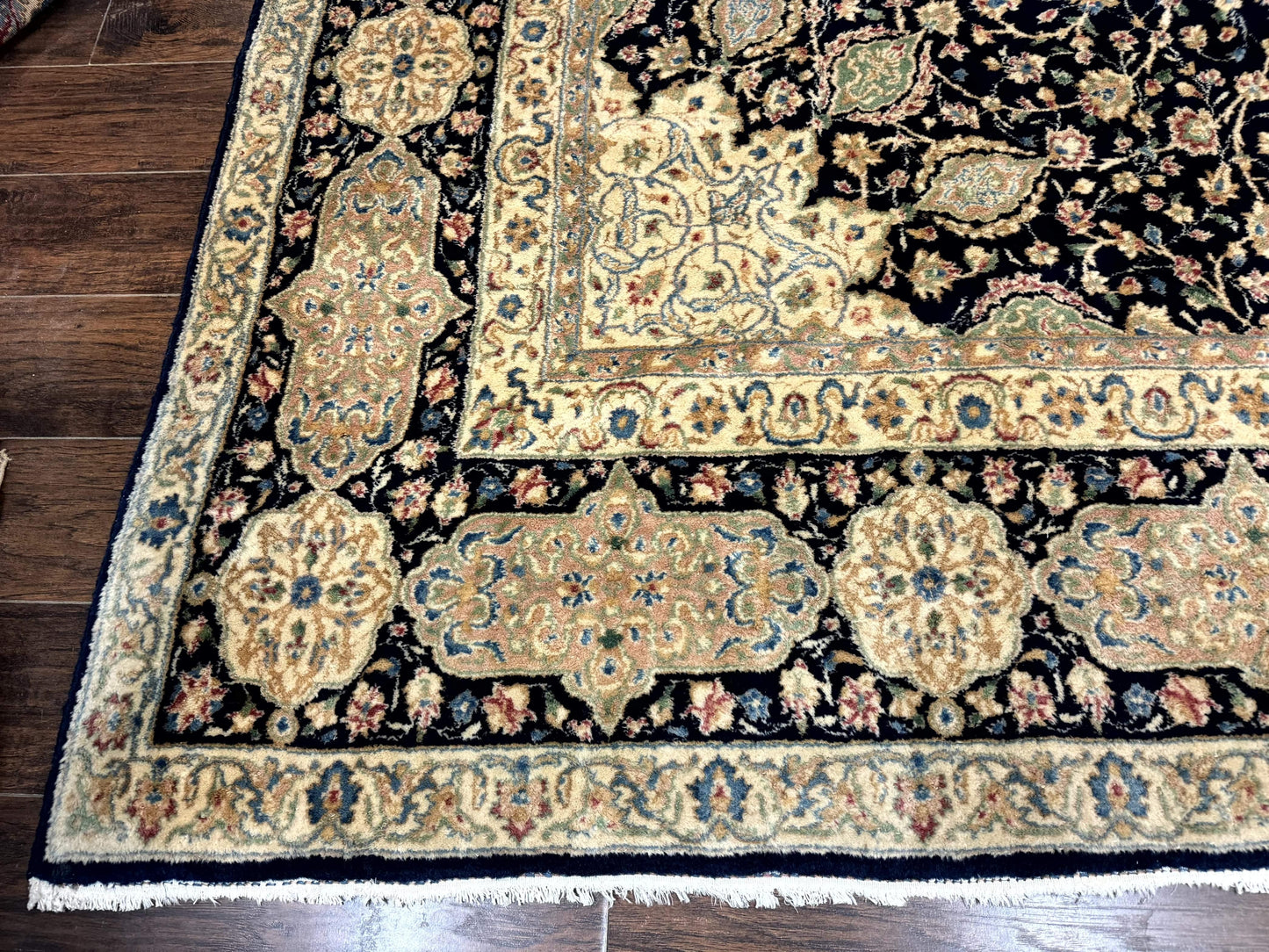 Persian Kerman Rug 10x14 Navy Blue Beige Floral Medallion Traditional Carpet Signed by Masterweaver