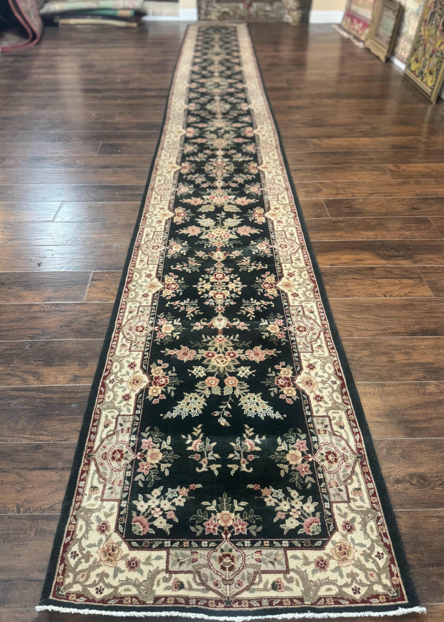 Long Pak Persian Runner Rug 2.7 x 21, Floral Allover, Dark Green and Beige, Handmade Wool Runner Rug, 21ft Runner for Hallway