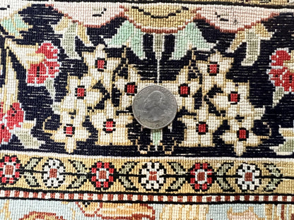 Silk Tree of Life Persian Qum Rug 3x4, Hand Knotted Vintage Carpet, Cream & Black, Very Fine Oriental Rug, Animal Pictorials, Birds