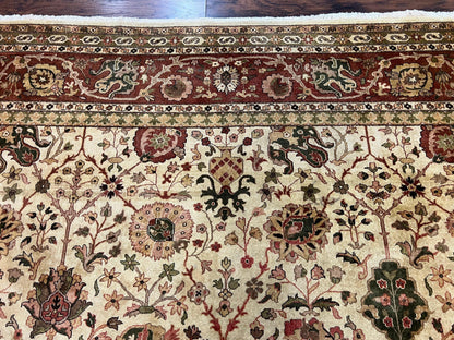 Large Indian Rug 10x14, Hand Knotted Indo Persian Gandehar Oriental Carpet, Vintage Wool Rug 10 x 14 ft Cream Red Floral Allover Traditional