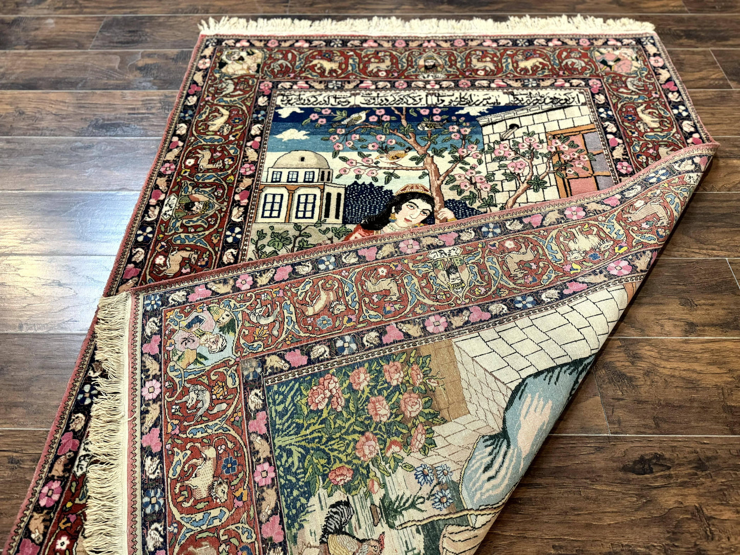 Wonderful Persian Kashan Pictorial Rug 4.7 x 6.5, Persian Rug for Wall Hanging, Handmade Antique Wool Carpet Animal Motifs Poetry Lovers, 240 KPSI