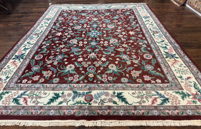 Indo Persian Rug 8x10, Red and Ivory, Floral Allover, Handmade Wool Area Rug