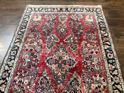 Antique Persian Sarouk Rug 4x7 Floral Red Wool Carpet 1920s