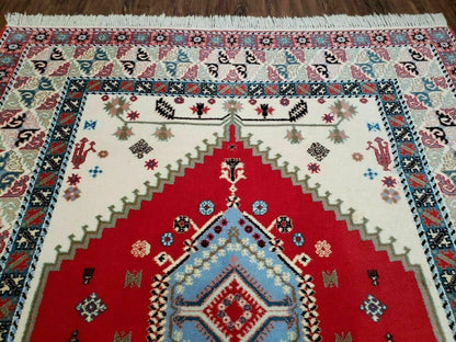 Vintage Moroccan Carpet 5x7 Area Rug, Berber Rug, Handmade Soft Wool Rug, Red Ivory and Blue, Geometric Medallion Rug, Bohemian Rug, Nice