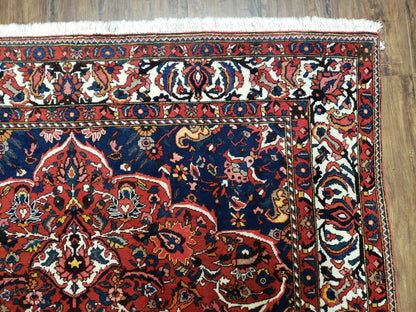 Semi Antique Persian Bakhtiari Rug, Hand-Knotted, Wool, Red, Midnight Blue, Ivory, Floral Medallion, 5'1" x 8' 6"
