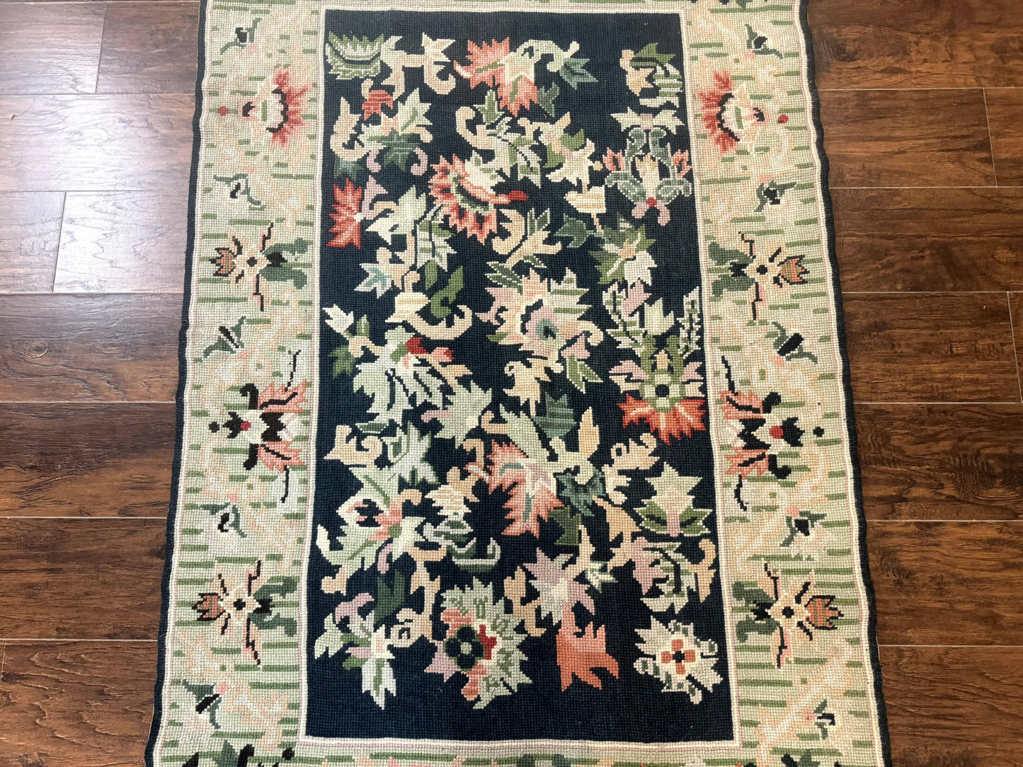 Vintage American Needlepoint Rug 4x6 Dark Green Wool Handmade Flatweave Carpet