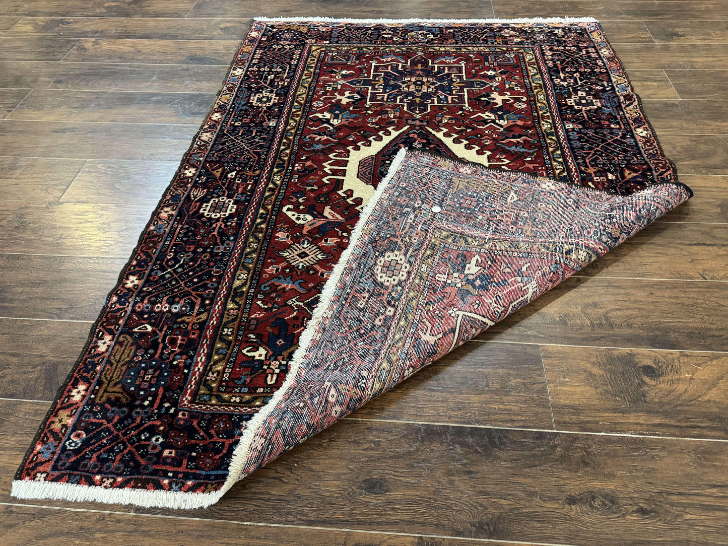 Persian Karajeh Rug 5x6, Antique Heriz Carpet, Geometric, Persian Tribal Rug, Brick Red Navy Blue