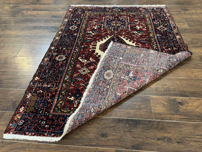 Persian Karajeh Rug 5x6, Antique Heriz Carpet, Geometric, Persian Tribal Rug, Brick Red Navy Blue