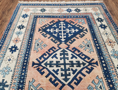 Turkish Kazak Rug 5x8 Ft Hand Knotted Wool Bohemian Carpet Blue Ivory