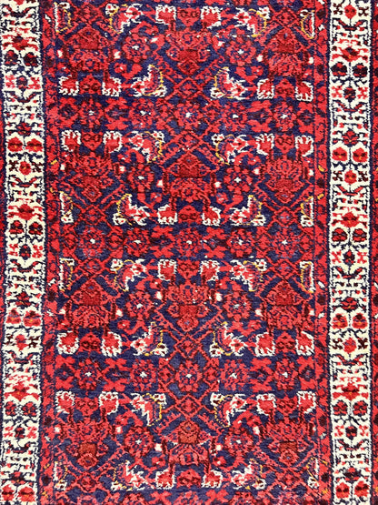 Persian Tribal Runner 3 x 9, Hamadan Dargazin Rug, Dark Blue and Red Wool Hand Knotted Hallway Rug, Vintage Antique Oriental Runner, 9ft Long Runner, Herati