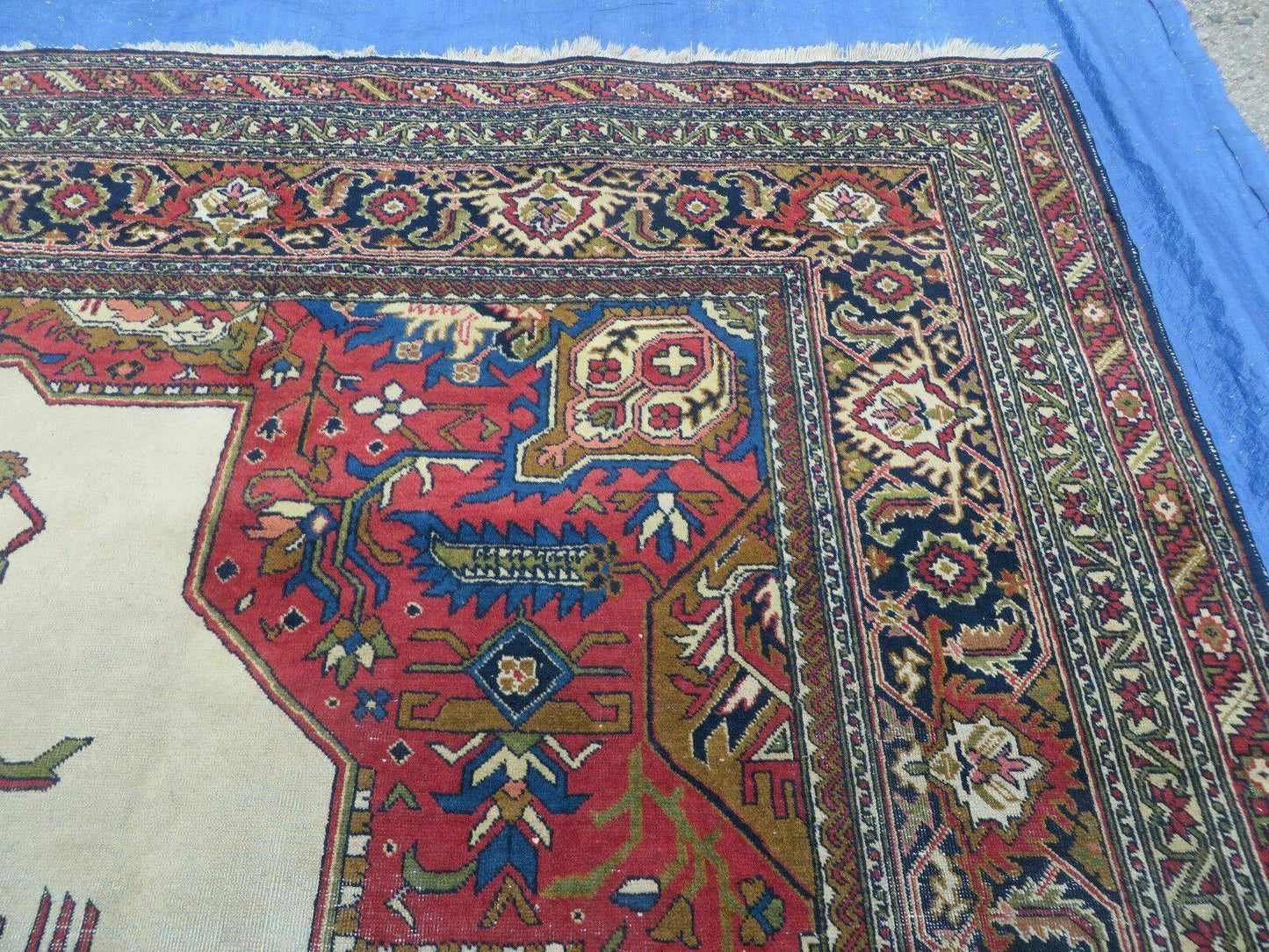 Persian Tabriz Rug 10x13 Oriental Carpet, Ivory Open Field, Geometric Medallion, Red Blue, Hand Knotted, Large Wool Area Rug Vintage Antique 1950s