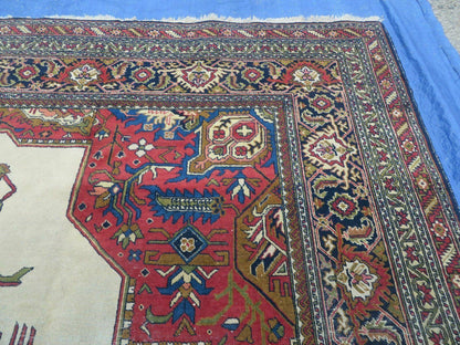 Persian Tabriz Rug 10x13 Oriental Carpet, Ivory Open Field, Geometric Medallion, Red Blue, Hand Knotted, Large Wool Area Rug Vintage Antique 1950s