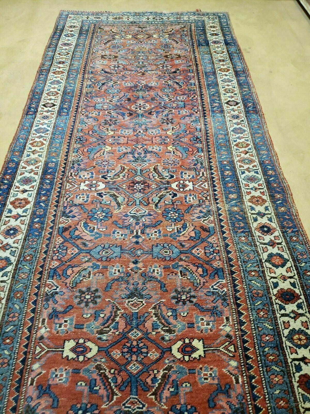 3' 8" X 11' Antique Handmade Turkish Wool Rug Veg Dye Runner Nice Rusted Red