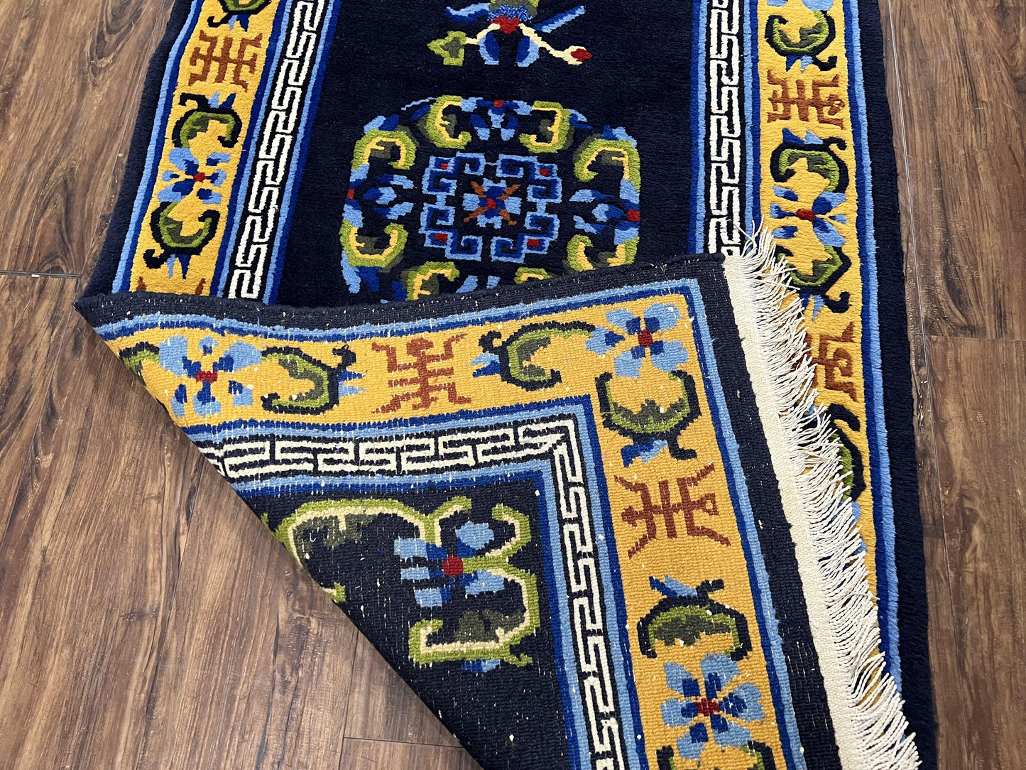 Chinese Art Deco Rug Hand Knotted Vintage Wool Carpet 3x6 Dark Blue Gold Medallion