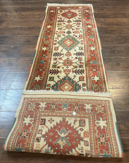 Turkish Runner Rug 2.4 By 8 Feet Kazak Geometric Heriz Pattern Beige And Red Hand Knotted Wool