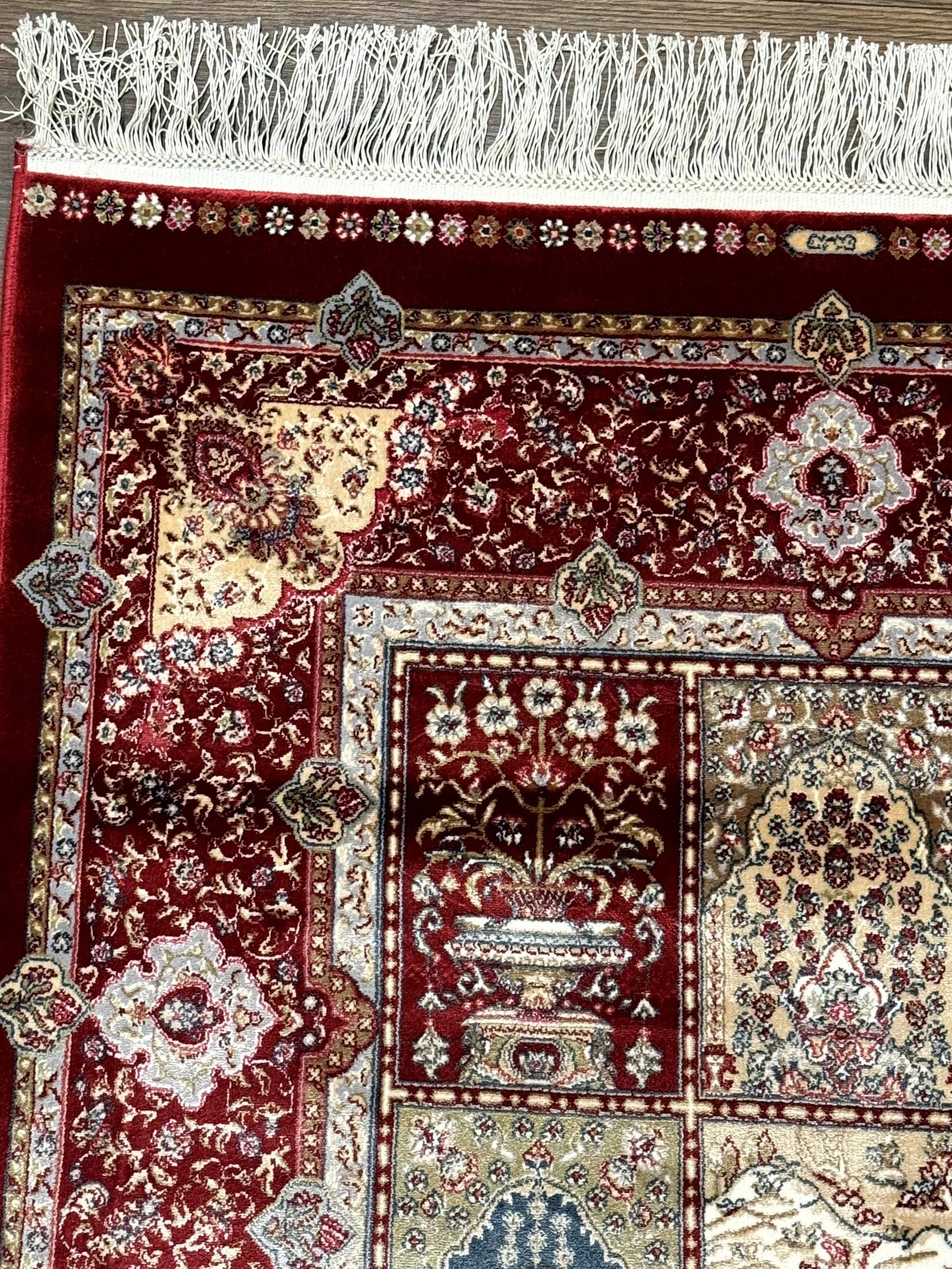 Turkish Silk Runner Rug 2.6 x 11.6, Panel Design, Dark Red Ivory, Bamboo Silk, New