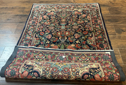 Antique Persian Rug 4x5, Navy Blue 1920s Carpet, Wool, Rare, Fine, Persian Hamadan Bidjar Carpet