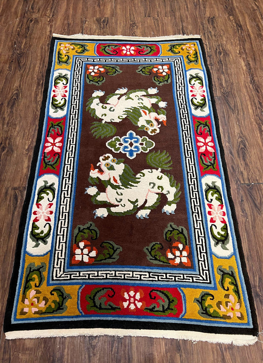 Chinese Peking Rug 3x5 Handmade Vintage Wool Carpet With Animal Pictorial Motifs