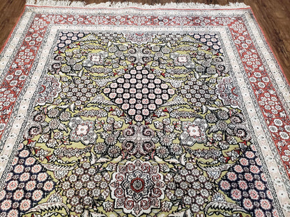 Kashmiri Silk Rug 5x8 Indian Handmade With Gold Threads Luxury Vintage Style