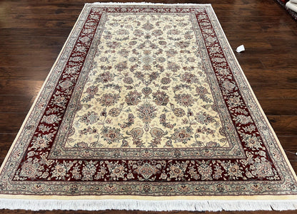 Pak Persian Rug 6x9 Wool Silk Hand Knotted Floral Allover Cream and Maroon Vintage Rug
