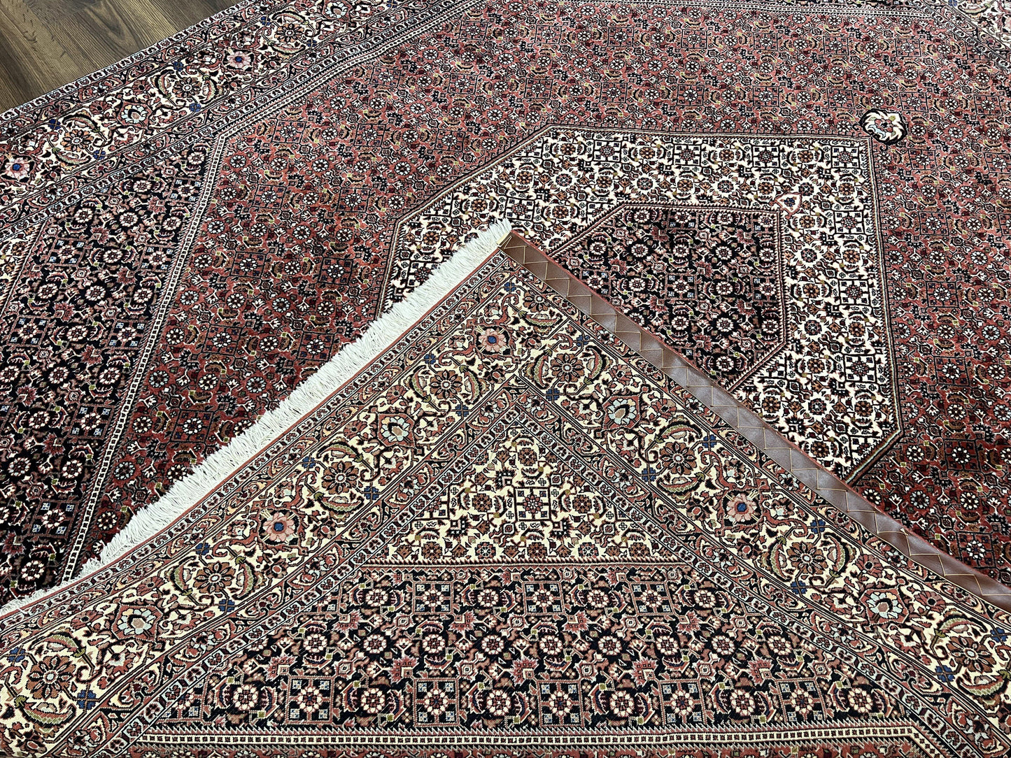 Persian Bidjar Rug 7x8 Ft Hand Knotted Wool Herati Mahi Ivory Red Navy Blue