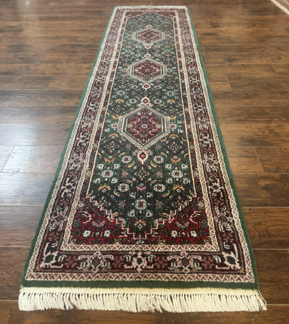 Green Indo Persian Bidjar Runner Rug 3x10, Green and Red
