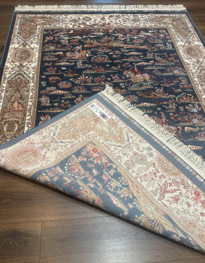 Bamboo Silk Rug Hunting Design 5x8 Steel Blue Ivory Contemporary Area Rug