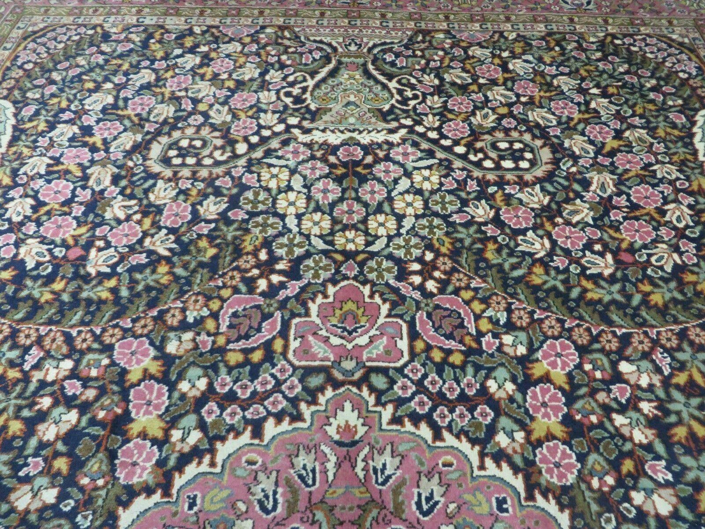 Turkish Sivas Rug 7x11, Navy Blue & Pink, Millifluer Floral Wool Carpet, Vintage