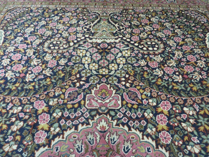 Turkish Sivas Rug 7x11, Navy Blue & Pink, Millifluer Floral Wool Carpet, Vintage