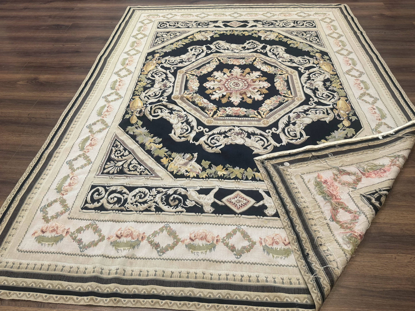 Vintage Aubusson Rug 6x8 Wool Hand Knotted European Design Lion Pictorial Black