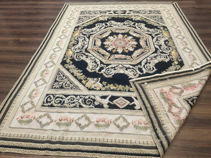 Vintage Aubusson Rug 6x8 Wool Hand Knotted European Design Lion Pictorial Black