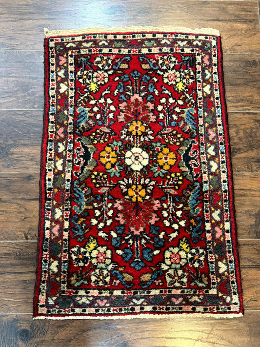 Small Persian Tribal Rug 2x3, Red Colorful Small Hamadan Carpet, Antique Persian Rug