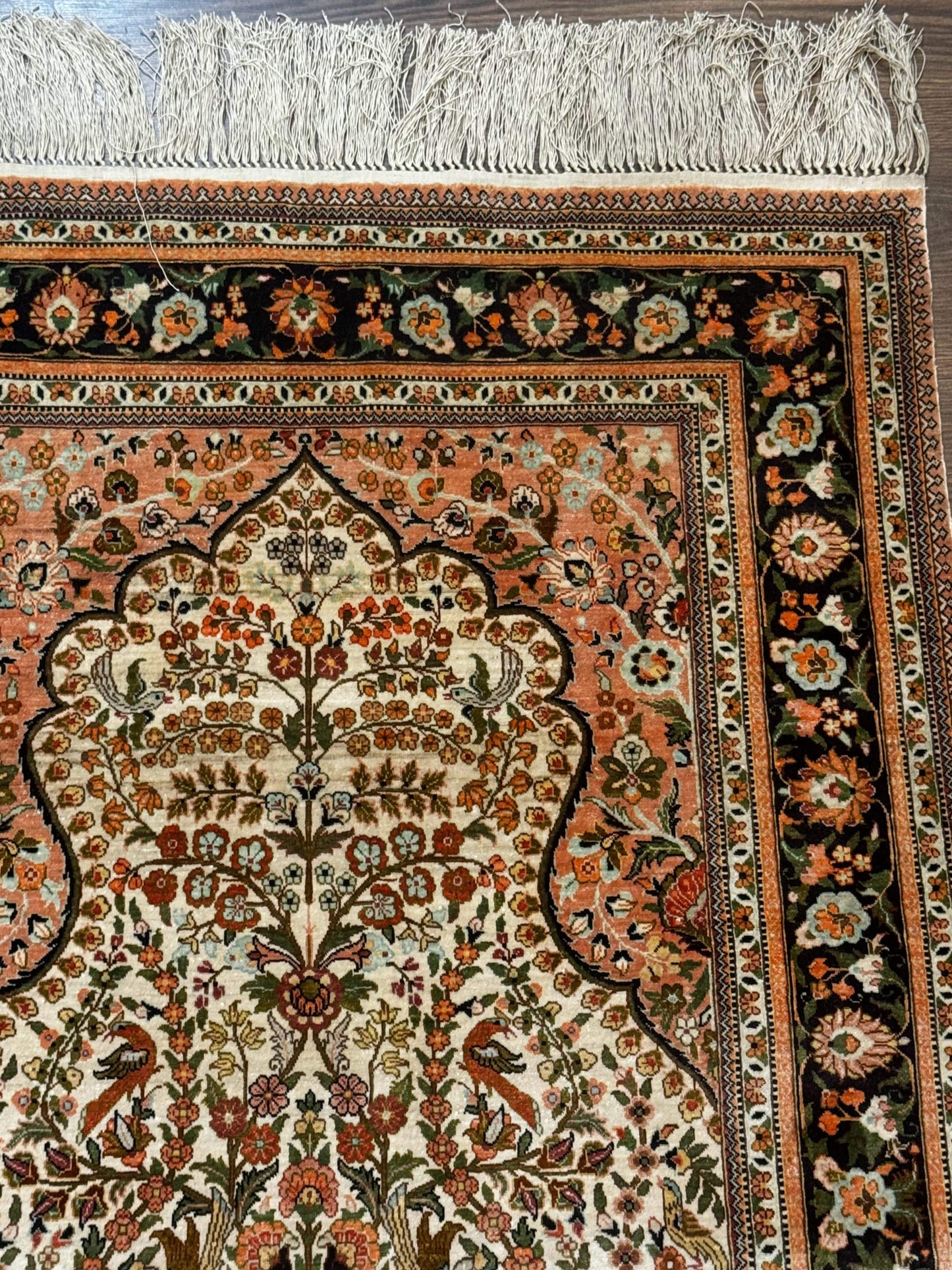 Handmade Silk Rug 2.6 By 4 Tree Of Life Vase Bird Pictorial Very Fine 630 KPSI