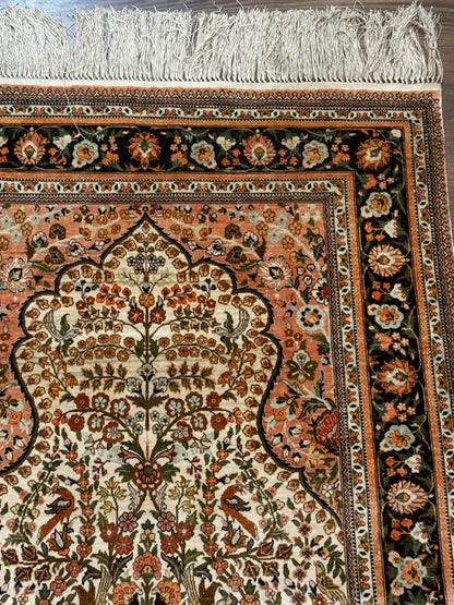 Handmade Silk Rug 2.6 By 4 Tree Of Life Vase Bird Pictorial Very Fine 630 KPSI
