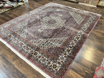 Indo Persian Bidjar Rug 8x10, Purple and Ivory Hand Knotted Wool Vintage Oriental Carpet, Herati Mahi Pattern, 8 x 10 Traditional Fine Rug