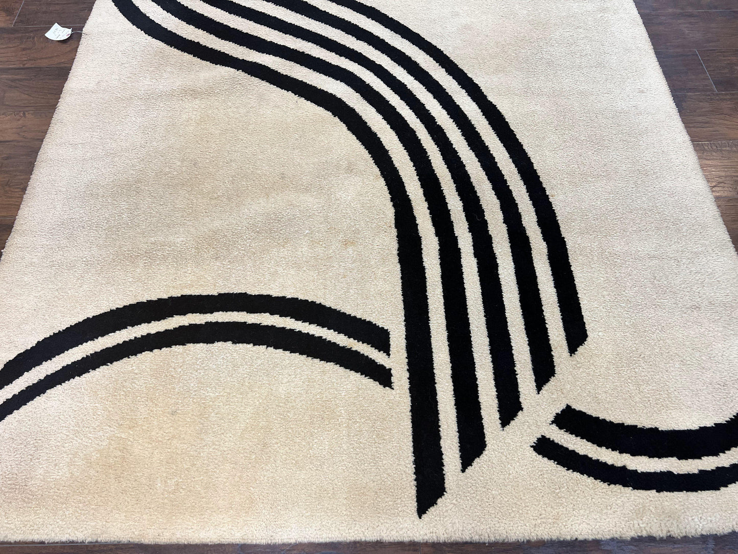 Modern Rug 6x9 Cream and Black Abstract Pattern Wool Area Rug