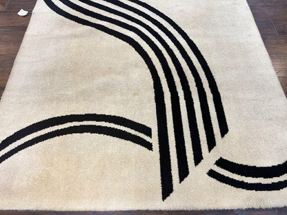Modern Rug 6x9 Cream and Black Abstract Pattern Wool Area Rug