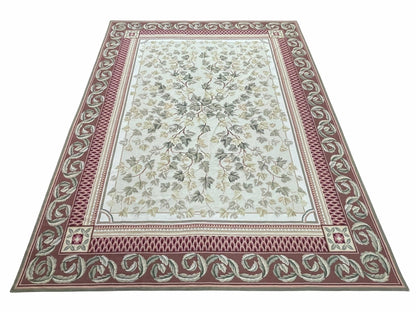 Aubusson Needlepoint Rug Traditional 9x12 Handmade Wool Floral Cream Green Maroon
